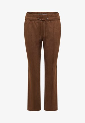 Brązowe joggery z zamszowego materiału z elastycznym paskiem w talii, sznurkiem i bocznymi kieszeniami; posiadają przeszycia na nogawkach.