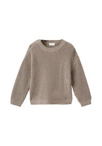 Pleteni pulover v svetlo taupe barvi z teksturiranim vzorcem, okruglim ovratnikom in dolgimi rokavi. Ima rebraste manšete in rob.