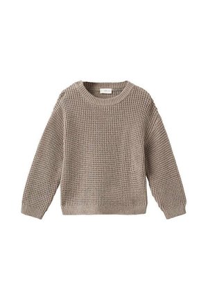 Pull en tricot de couleur taupe clair avec un motif texturé, col rond et manches longues. Présente des poignets et un ourlet en bord-côte.