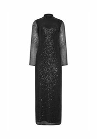 Czarna sukienka z długim rękawem i wysokim dekoltem, z wzorzystą fakturą i rozsianymi błyszczącymi cekinami.