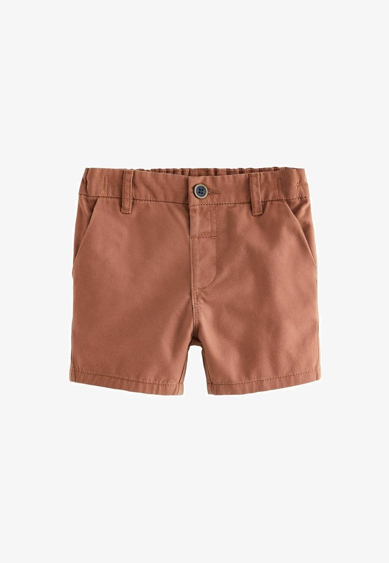 Smeđe pamučne kratke hlače s preklopljenim pojasom, džepovima i jednim dugmetom za zatvaranje. Glatka tekstura i klasičan dizajn.