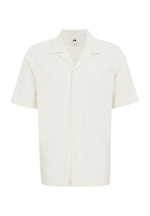 Kurzärmliges, kragenloses Hemd in Off-White, mit strukturiertem Stoff und fünf Knöpfen an der Vorderseite für den Verschluss.