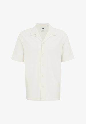 Kurzärmliges, kragenloses Hemd in Off-White, mit strukturiertem Stoff und fünf Knöpfen an der Vorderseite für den Verschluss.