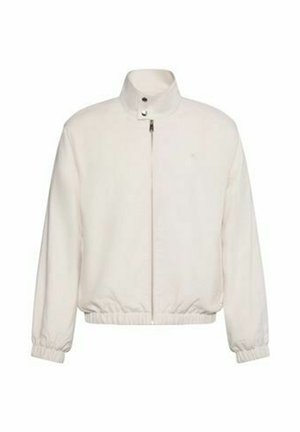 Weiße Reißverschlussjacke mit Stehkragen, Druckknopfverschluss, elastischen Bündchen und Bund, präsentiert auf weißem Hintergrund.