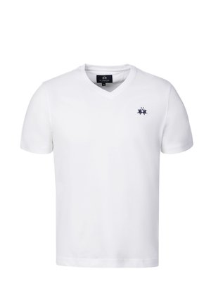 Weißes kurzärmeliges V-Ausschnitt-T-Shirt mit kleinem dunklem Logo, das zwei Pferde und einen Reiter auf der linken Brustseite zeigt.