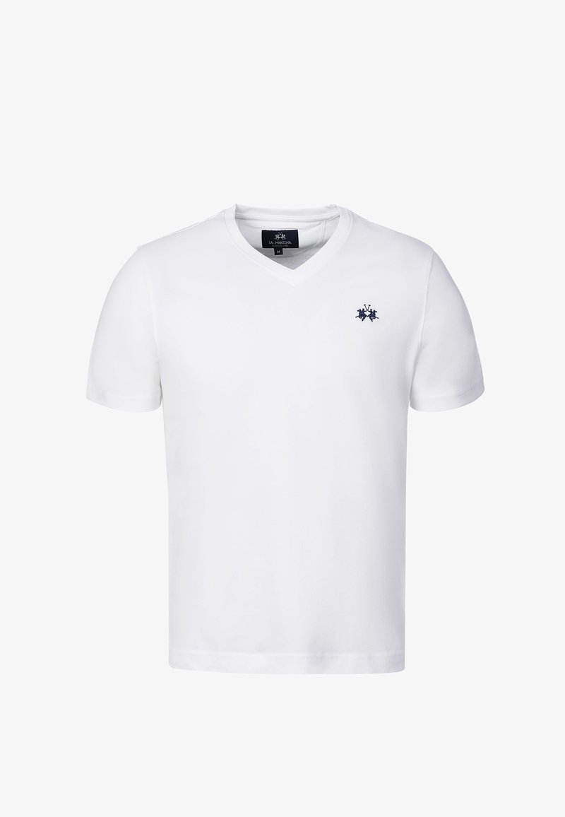 Witte korte mouwen V-hals T-shirt met klein donker logo met twee paarden en een ruiter op de linkerborst.