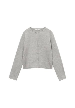 Gray cropped cardigan made of soft fabric, featuring long sleeves, round neckline, and six button closure at the front.