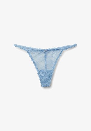 Hellblaue Spitzen-String mit gewellten Rändern und einer kleinen dekorativen Schleife in der Mitte des vorderen Bunds.