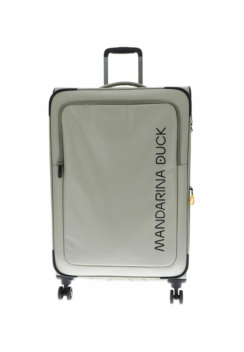 Harde koffer in lichtgrijs met een opvallend zwart logo. Voorzien van een telescopische handgreep en vier wielen voor mobiliteit. Voorvak met rits.