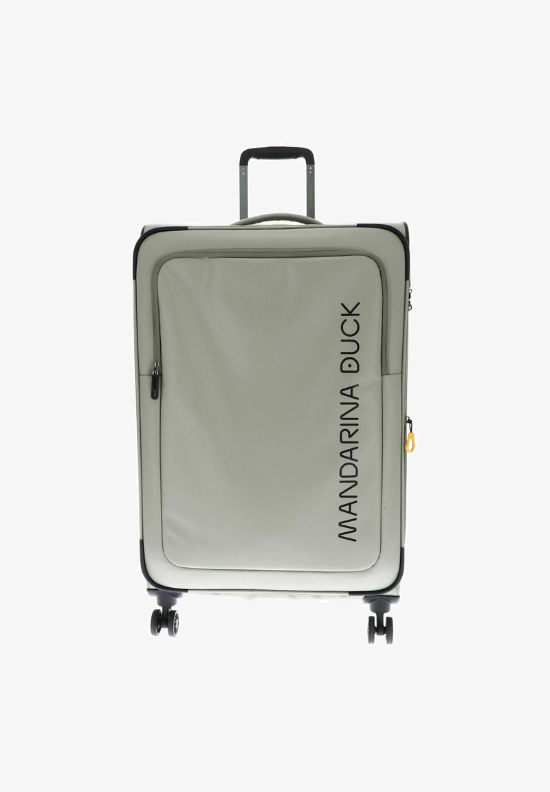 Harde koffer in lichtgrijs met een opvallend zwart logo. Voorzien van een telescopische handgreep en vier wielen voor mobiliteit. Voorvak met rits.