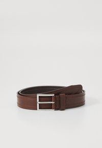 Brown leather belt featuring a rectangular silver metal buckle, smooth texture, and a classic design with visible stitching details.