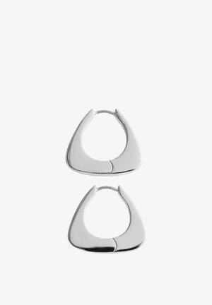 Pair of polished silver triangular hoop earrings with rounded edges and seamless clasp closures on white background.