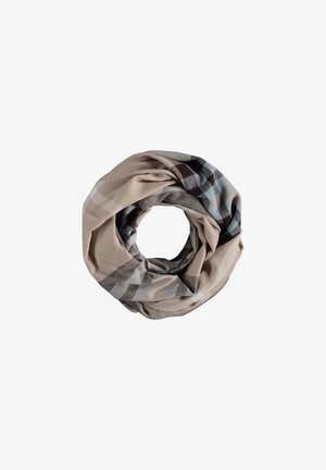 Ring-Schal aus weichem Stoff mit einem beige-braunen Karomuster und hellgrauen Akzenten. Glatte Textur, keine sichtbaren Beschläge.