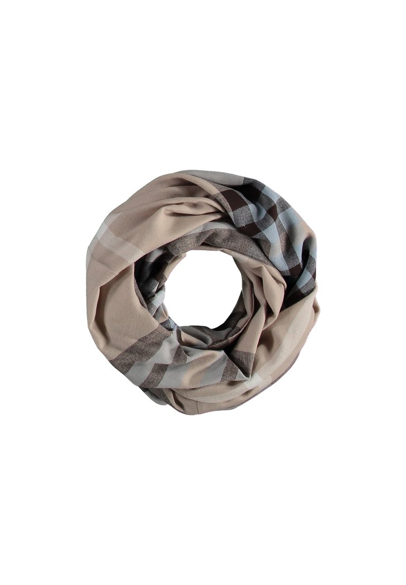 Écharpe circulaire en tissu doux, présentant un motif à carreaux beige et marron avec des accents gris clair. Texture lisse, sans quincaillerie visible.