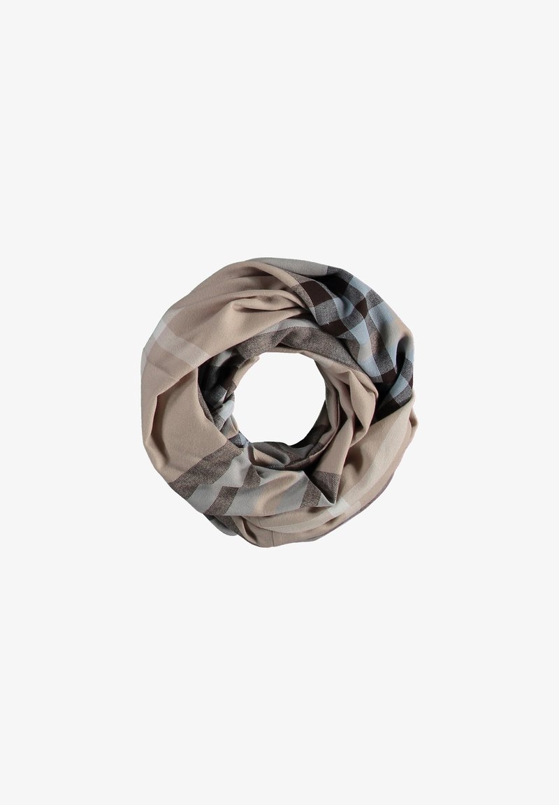 Ringikate, mis on valmistatud pehmest kangast, millel on beeži ja pruuni ruuduline mustriga, kergete hallide aktsentidega. Sile tekstuur, nähtavat riistvara pole.