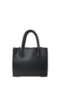 Zwarte leren tote bag met een gestructureerde textuur, voorzien van twee stevige handvatten en een ritssluiting aan de bovenkant. Geen extra hardware zichtbaar.