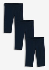Három pár sötétkék leggings, sima textúrával és rugalmas derékrésszel, egymásra rakott elrendezésben.