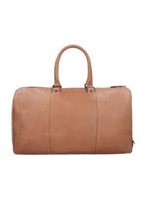 Hellbraune Leder-Reisetasche mit zwei Griffen und einem Reißverschluss oben, dargestellt vor weißem Hintergrund.