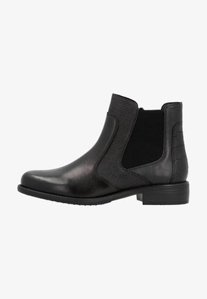 Botas de tobillo de cuero negro con paneles laterales elásticos, un acento texturizado en el tacón y un diseño de punta redonda sobre una suela resistente.