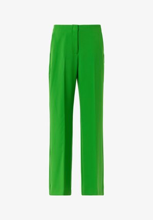 Green tailored trousers with a straight leg, smooth texture, front pockets, and a concealed zipper closure at the back.