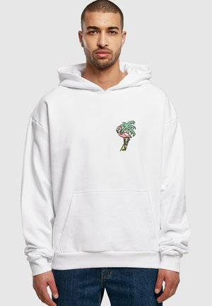 White cotton hoodie with a front pocket, featuring a colorful palm tree and flamingo graphic embroidered on the left chest area.