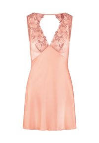 Vestaglia rosa con bodice in pizzo e schiena a V profonda. Tessuto corto e liscio con dettagli in pizzo floreale lungo il collo e le spalle.