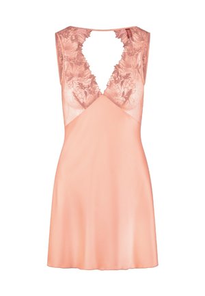 Rosa Nachthemd mit Spitzen-Bustier und tiefem V-Rücken. Kurzes, glattes Gewebe mit floralen Spitzenverzierungen entlang des Ausschnitts und der Schultern.