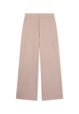 Spodnie w stylu wide-leg w jasnym beżu z drobnym wzorem w kratkę, wysoki stan i gładki przód, leżące płasko na białym tle.