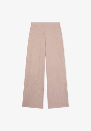 Pantaloni a gamba larga in beige chiaro con motivo a piccoli quadretti, vita alta e frontale pulito, distesi su uno sfondo bianco.