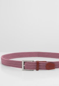 Geflochtenem Stoffgürtel in zartem Rosa mit einer silbernen Metallschnalle und braunen Lederelementen. Glatte Textur, flaches Design und verstellbare Größe.