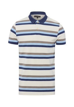 Koszulka polo z krótkim rękawem z poziomymi paskami w kolorze beżowym, jasnoniebieskim, ciemnoniebieskim i szarym, z ciemnoniebieskim kołnierzykiem i plisą na dwa guziki.