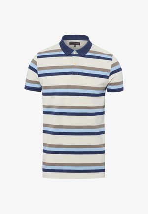 Polo met korte mouwen met horizontale strepen in beige, lichtblauw, donkerblauw en grijs, voorzien van een donkerblauwe kraag en een twee-knopenbies.