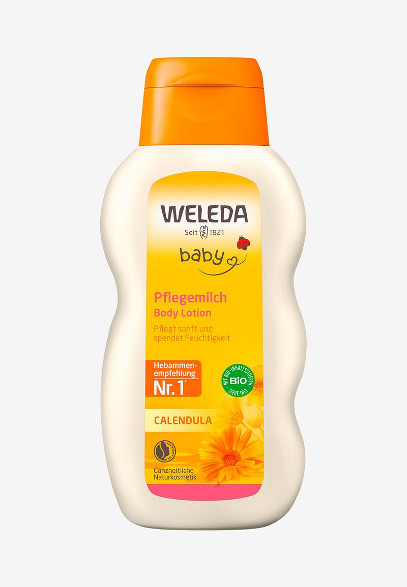 Weleda baby body lotion-flaska med orange kork, ringblommor och tysk text som framhäver återfuktande och ekologiska ingredienser.