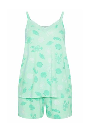 Mintgrønt sæt pyjamas med camisole og shorts med tryk af havdyr og skaller i forskellige nuancer af grøn og hvid.