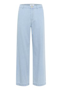 Lichtblauwe wijduitlopende denim broeken met een ritssluiting, knoopsluiting en subtiele textuur. Bevat twee zakken aan de voorkant en een schone zoom.