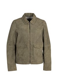 Giacca in suede verde oliva con colletto, zip frontale e due grandi tasche applicate. Presenta una superficie texturizzata e una vestibilità su misura.