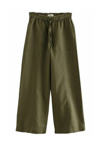 Olijfgroene wijde broek met een elastische tailleband en trekkoord. Gemaakt van lichtgewicht stof, met twee voorzakken en een soepele textuur.