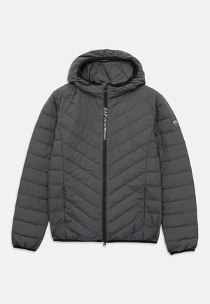 Dunkelgraue gepolsterte Kapuzenjacke mit diagonaler Steppung, zentralem Rei�ßverschluss, elastischen Bündchen und Logo auf dem linken Ärmel sowie dem Reißverschluss.