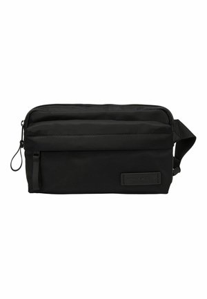 Sac banane rectangulaire noir avec deux compartiments zippés et sangle réglable sur fond blanc.