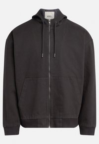 Black hooded jacket with a full zip, front pockets, ribbed cuffs and hem. Textured fabric with drawstrings on the hood.