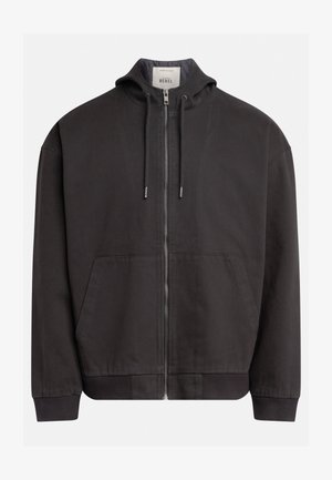 Fekete kapucnis dzseki teljes cipzárral, elülső zsebekkel, bordázott mandzsettákkal és heméllyel. Texturált anyag, kapucnihoz húzózsinórokkal.