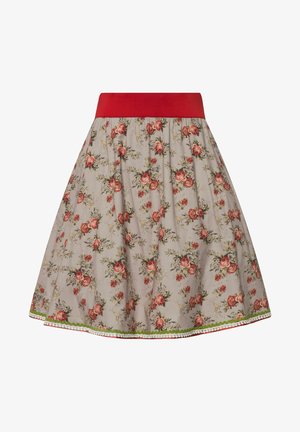 Blumiger Rock aus grauem Stoff mit roten und grünen Akzenten, rotem Bund und weißen Details am Saum. Klassisches A-Linien-Design.