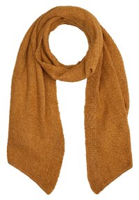 Écharpe douce tricotée de couleur rouille, pliée en boucle avec les deux extrémités pendantes, présentant un tissu confortable et texturé.