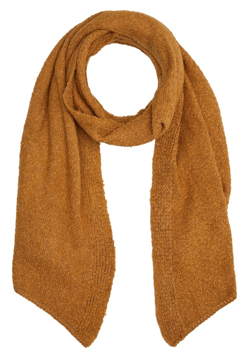 Écharpe douce tricotée de couleur rouille, pliée en boucle avec les deux extrémités pendantes, présentant un tissu confortable et texturé.