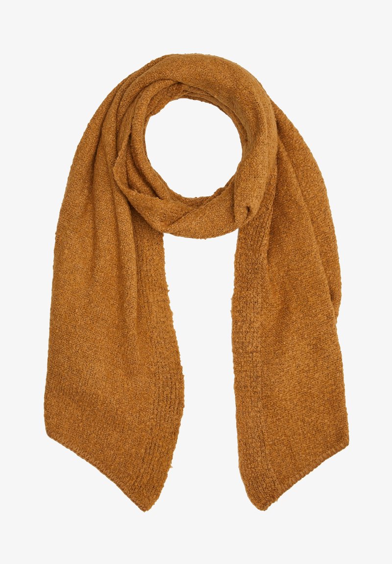 Écharpe douce tricotée de couleur rouille, pliée en boucle avec les deux extrémités pendantes, présentant un tissu confortable et texturé.