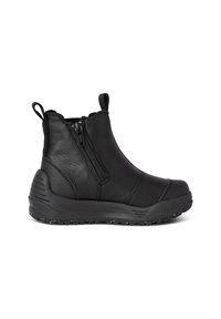 Botas de tobillo de cuero negro con un acabado texturizado, cierre de cremallera en el costado y una suela de goma duradera. Presentan una tira de agarre en la parte posterior.