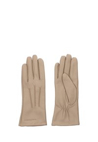 Beżowe skórzane rękawiczki o gładkiej fakturze, z trzema dekoracyjnymi szwami na wierzchu oraz marszczeniami przy nadgarstku.