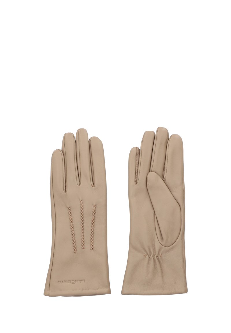 Beżowe skórzane rękawiczki o gładkiej fakturze, z trzema dekoracyjnymi szwami na wierzchu oraz marszczeniami przy nadgarstku.