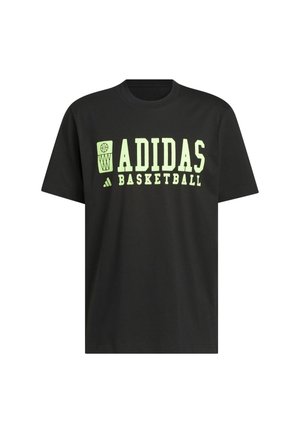 Black short-sleeve T-shirt with light green "ADIDAS BASKETBALL" text and basketball hoop graphic on the front.