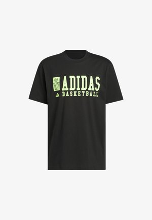 Black short-sleeve T-shirt with light green "ADIDAS BASKETBALL" text and basketball hoop graphic on the front.